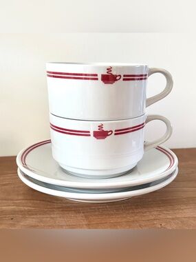 Over & Back Inc Mug & Saucer Fuchsia Red Restaurant Diner Coffee Cup SET OF 2